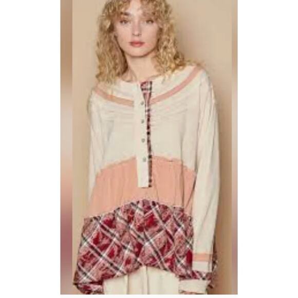 Pol Large Plaid Buton Down Pink Cream Red Long Sleeve Thermal - Picture 1 of 3